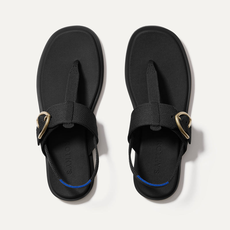 The T-Strap Sandal in Black shown from the top.