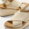 Close up of the crossing straps across the top of The Wedge in White Sand.