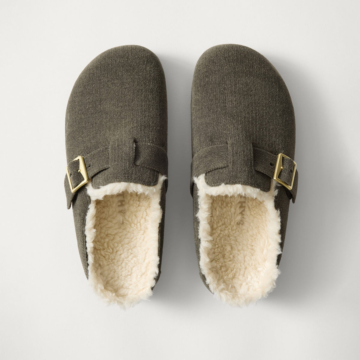 PDP | The Teddy Buckle Clog in ReVelvet Olive shown from the top. 