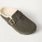 macro | Close up of the toe and vamp of The Teddy Buckle Clog in ReVelvet Olive. 