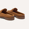 Close up of the heel of The Penny Loafer Mule in ReVelvet Caramel, with Rothy's signature blue halo.