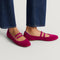 hover | Model wearing The Double Buckle Mary Jane in ReVelvet Mulberry.