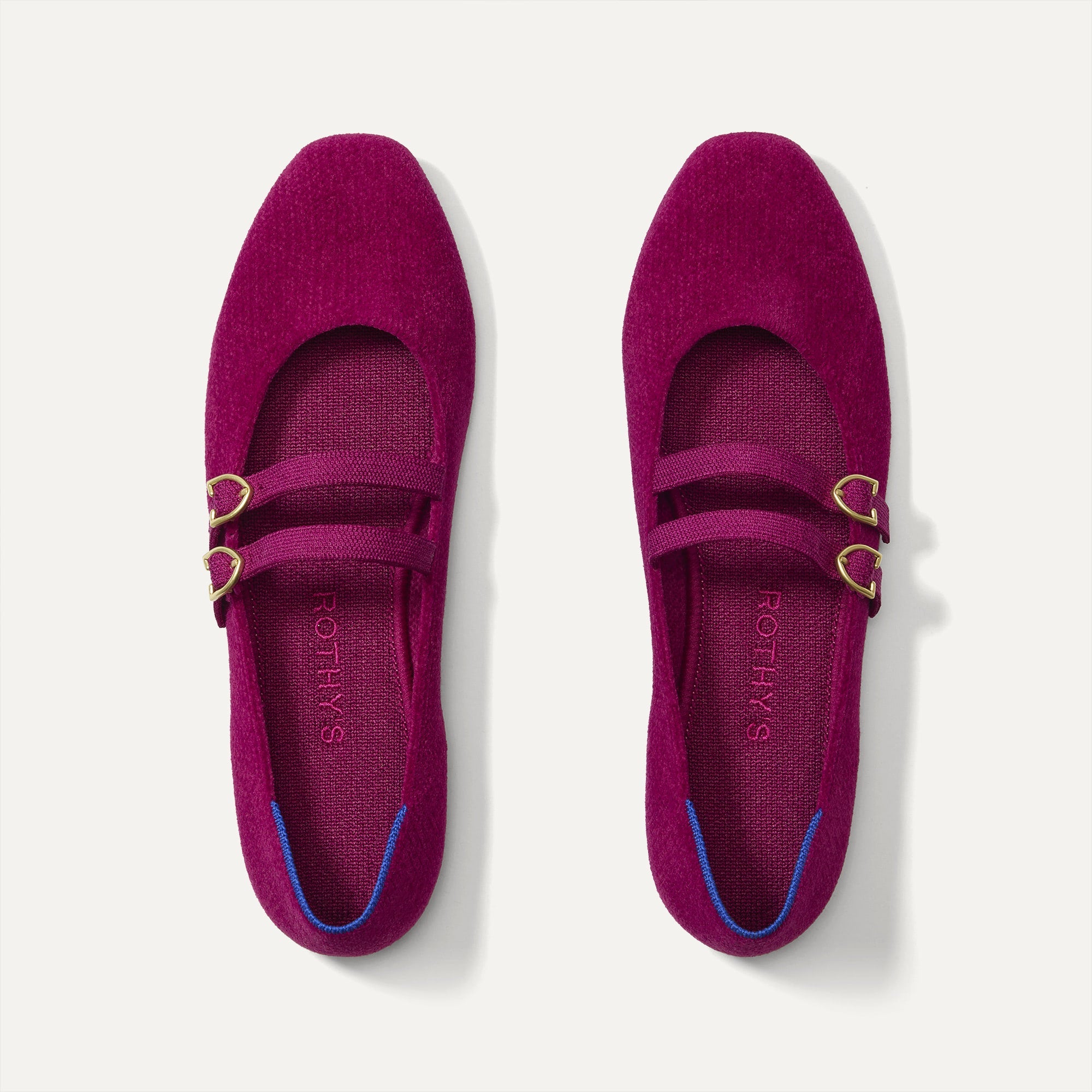 The Double Buckle Mary Jane in ReVelvet Mulberry shown from the top.