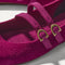 Close up of the buckle details of The Double Buckle Mary Jane in ReVelvet Mulberry.