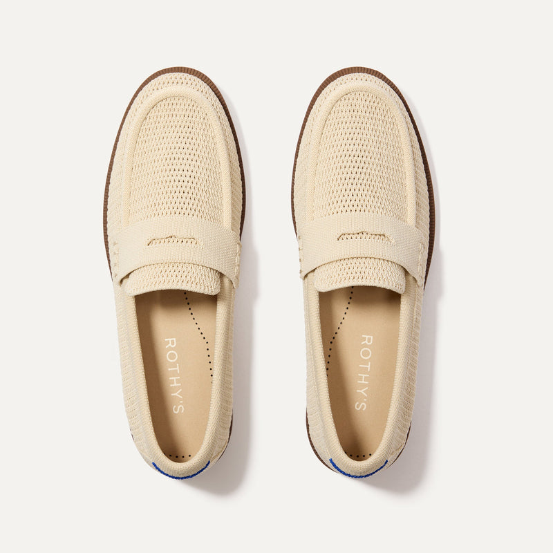 The Penny Loafer in Conch Raffia-Knit shown from the top. 