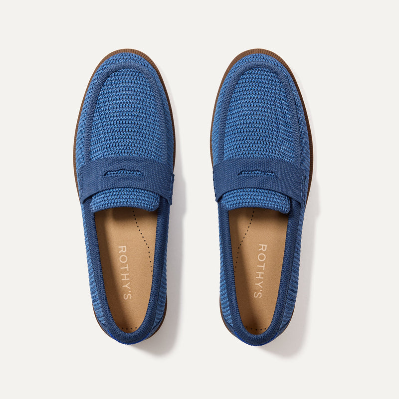 The Penny Loafer in Blue Raffia-Knit shown from the top. 