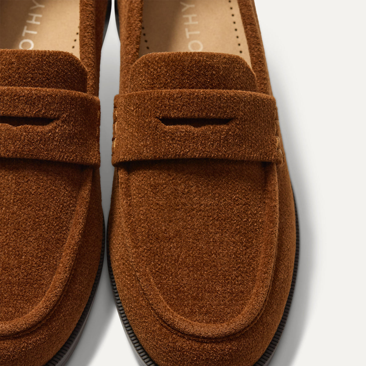 Close up shot of The Penny Loafer in ReVelvet Russet. 