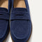 Close up of the toe box and penny keeper of The Penny Loafer in ReVelvet™ Navy.