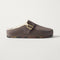 The Teddy Buckle Clog in Porcini shown from the side. 