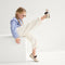 Alternate view of a model wearing The Kids Tux Bow Mary Jane in Ivory.