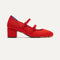 The Double Buckle Mary Jane Heel in Bright Red shown from the side.