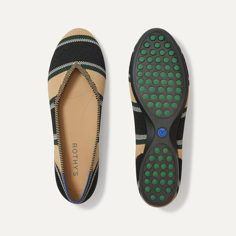 PLP |The Daily Flat in Hickory Stripe shown from the top with one shoe showing the outsole. 