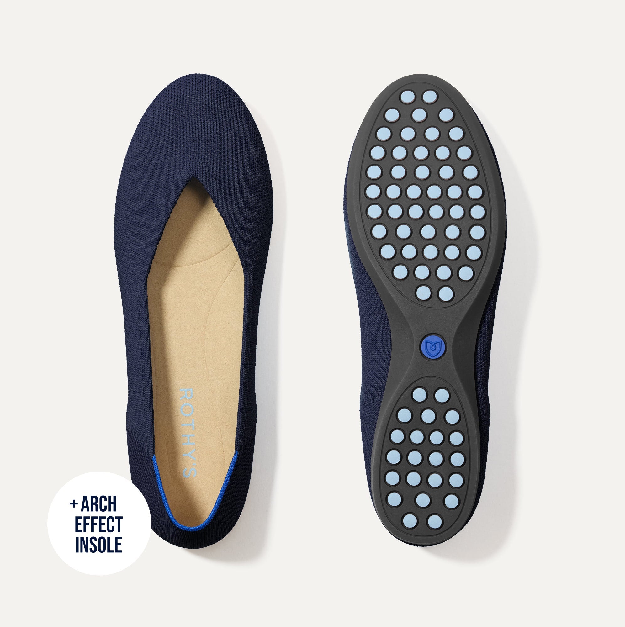 PDP |The Daily Flat in Navy shown from the top with one shoe showing the outsole. 
