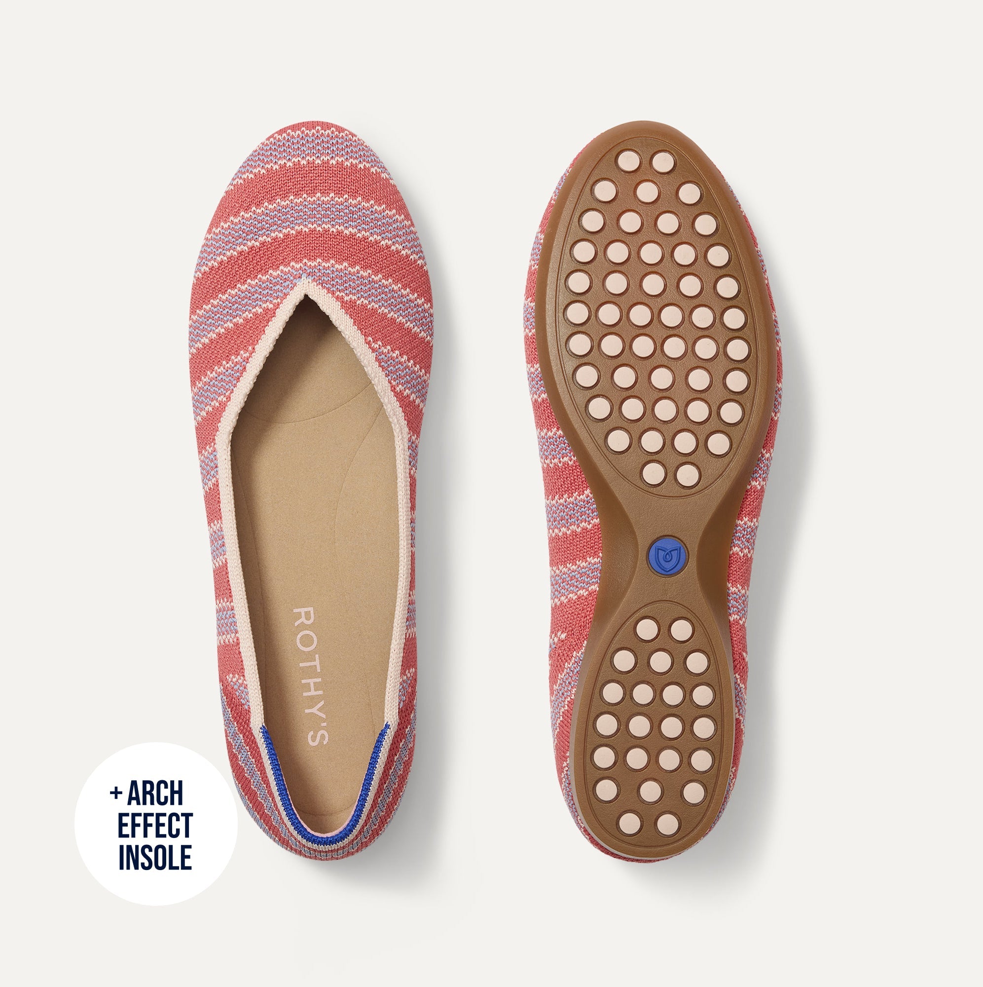 PDP |The Daily Flat in Sunkiss Stripe shown from the top with one shoe showing the outsole. 