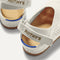 Close up of the heel of The Kids Clog in White Crochet, with Rothy's signature blue halo. 