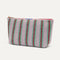 The Large Travel Pouch Set in Watermelon Market Stripe shown from the side.