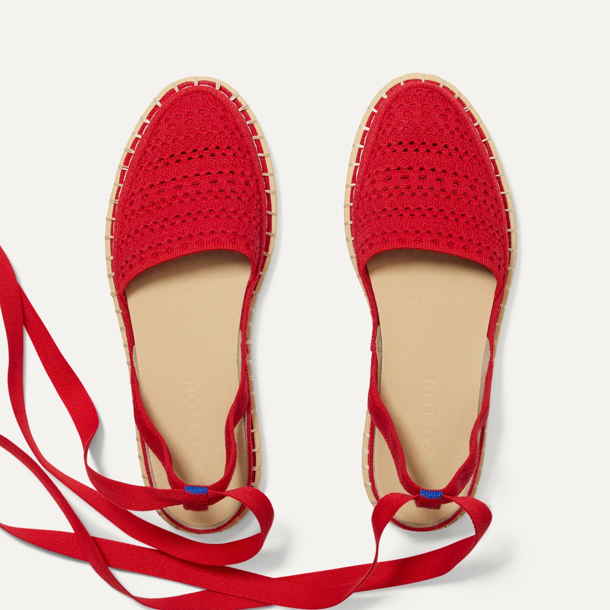 Overlay:: Removable ankle straps! | Alt:: The D'Orsay Espadrille in Bright Red Crochet shown from the top.