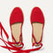 Overlay:: Removable ankle straps! | Alt:: The D'Orsay Espadrille in Bright Red Crochet shown from the top.