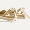 Close up of the heel of The D'Orsay Espadrille in Camel Crochet, showing removable ankle straps.