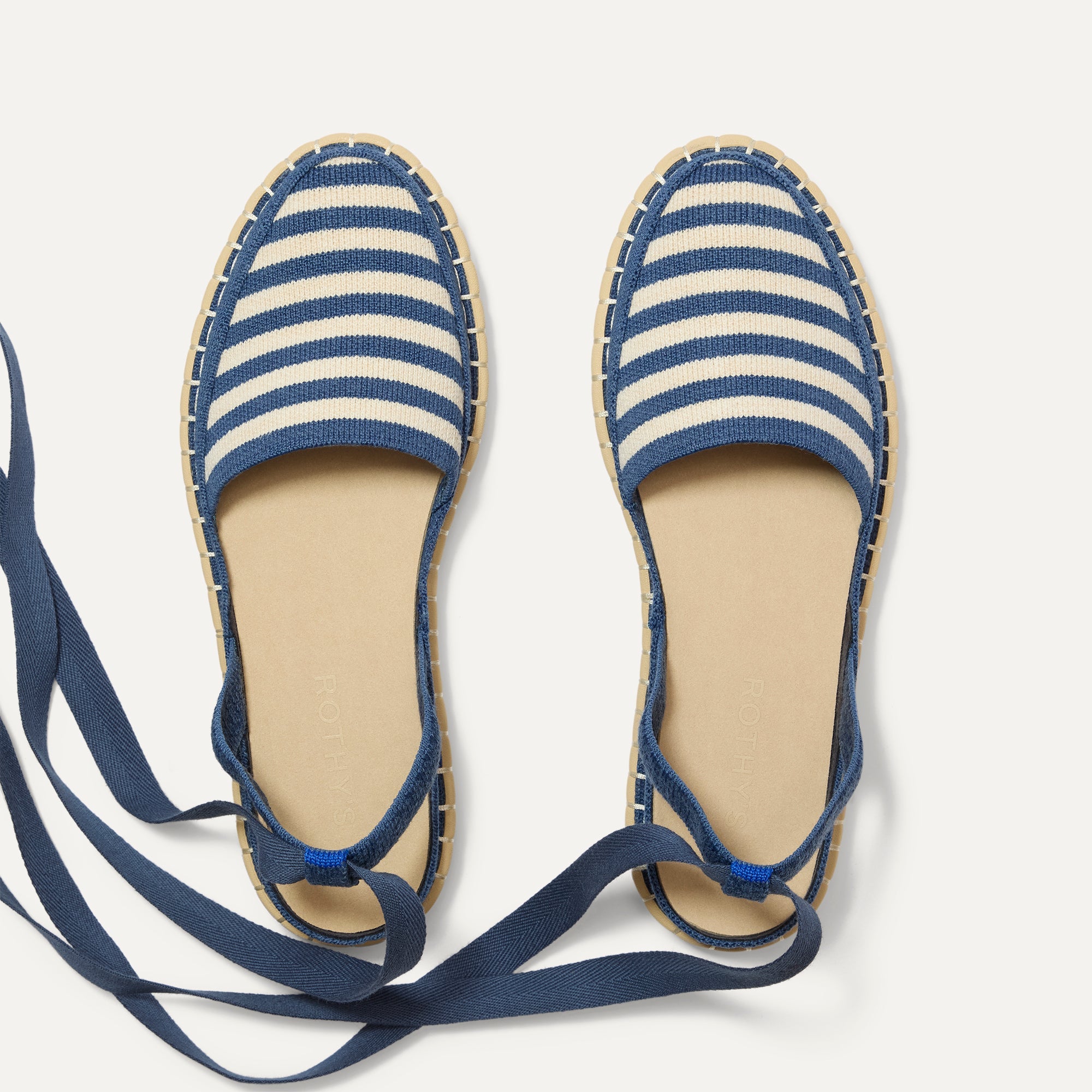 Overlay:: Removable ankle straps! | Alt:: The D'Orsay Espadrille in Deep Sea Stripe shown from the top.