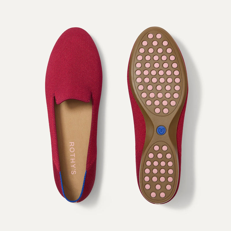 PLP | The Daily Loafer in Red Rose shown from the top with one shoe showing the outsole. 