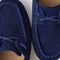 macro | Close up of the toe and vamp of The Driver Moc in ReVelvet Navy, showing the cord lace details.