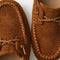 macro | Close up of the toe and vamp of The Driver Moc in ReVelvet Russet, showing the cord lace details.