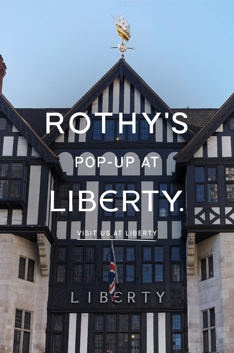 The exterior of the Liberty of London department store with text overlay reading "ROTHY'S POP-UP AT LIBERTY | VISIT US AT LIBERTY"