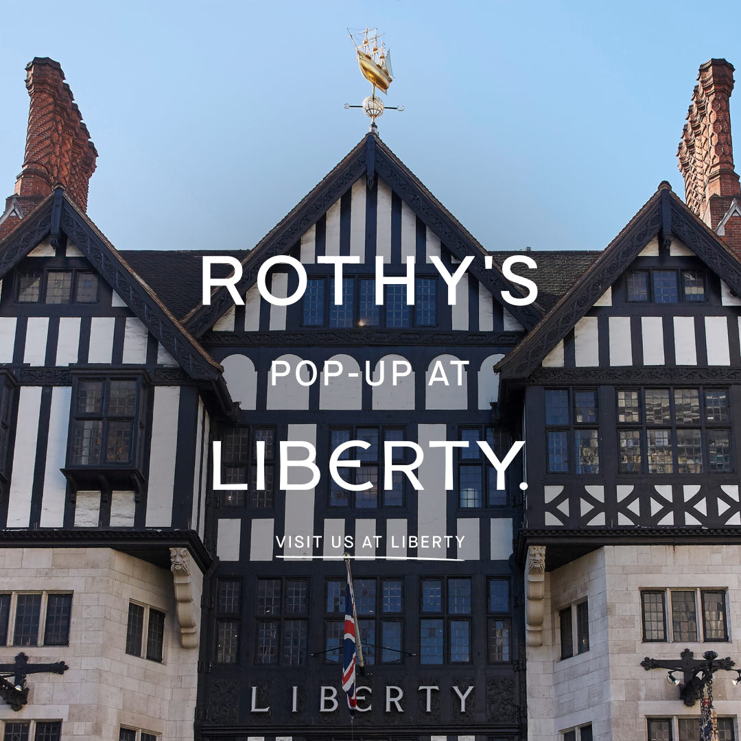 The exterior of the Liberty of London department store with text overlay reading "ROTHY'S POP-UP AT LIBERTY | VISIT US AT LIBERTY"