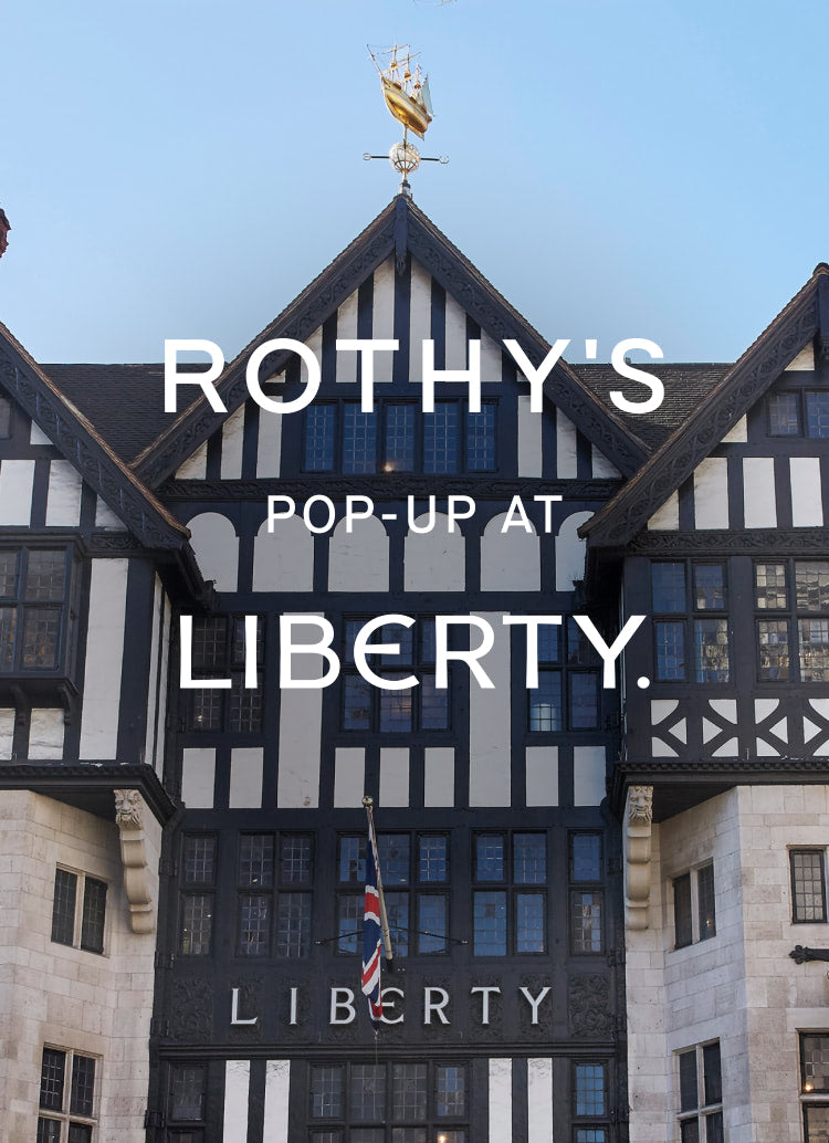 An image of the Liberty of London storefront with graphic overlay reading "ROTHY'S POP-UP AT LIBERTY."