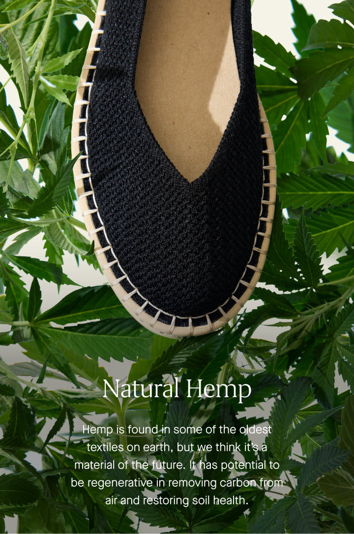 An image of a black shoe over a background of hemp leaves, and copy overlay reading "Natural Hemp | Hemp is found in some of the oldest textiles on earth, but we think it’s a material of the future. It has potential to be regenerative in removing carbon from air and restoring soil health."