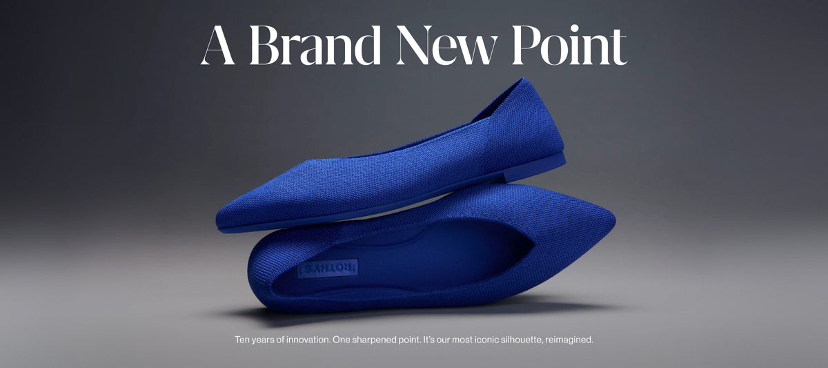 The Point 3 In Rothy's Blue, with text "A Brand New Point. Ten years of innovation. One sharpened point. It;s our most iconic silhouette, reimagined.' 