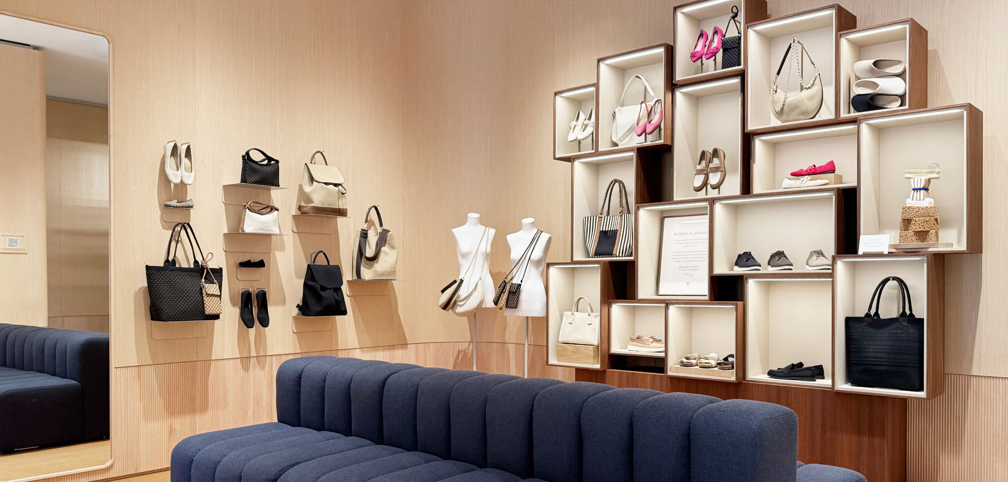 Rothy's interior store with wooden furniture and decor