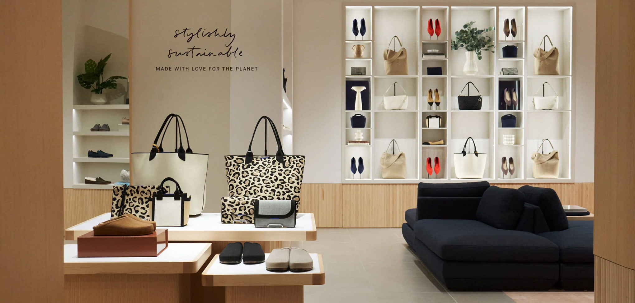 Rothy's interior store with shelves displaying handbags and shoes, featuring a stylishly curated collection.