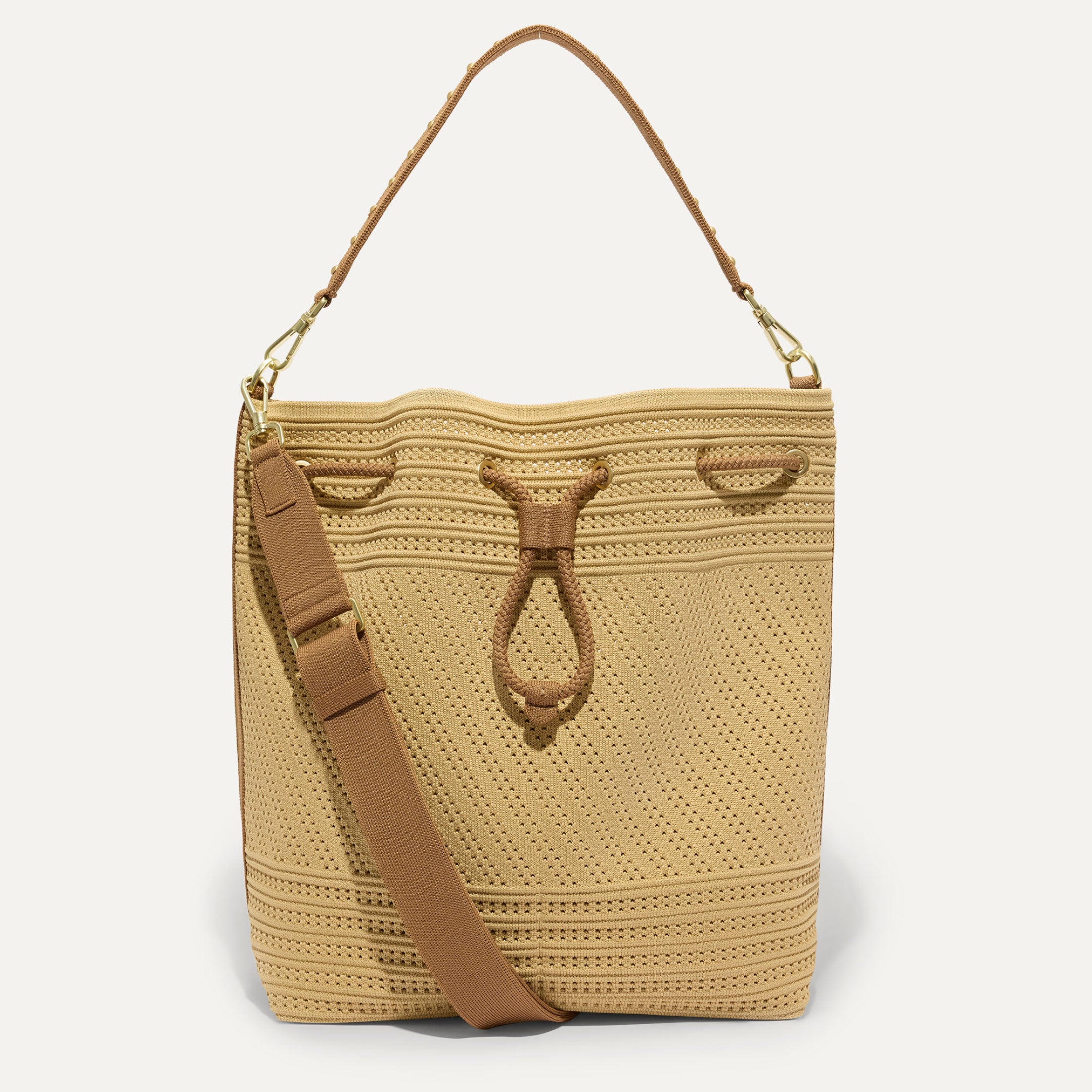 The Cinch Bucket Bag	Brown Butter Crochet shown from the front.