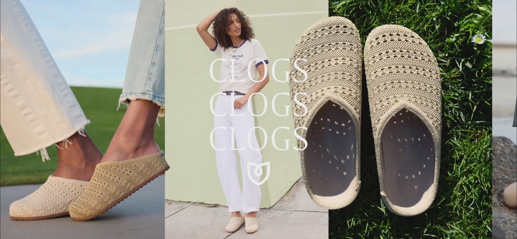 Close up shot of model wearing The Casual Clog  in Chocolate Crochet, 
The Casual Clog in Golden Crochet, 
The Casual Clog in Powder Crochet, with overlay text 'CLOGS, CLOGS, CLOGS.'