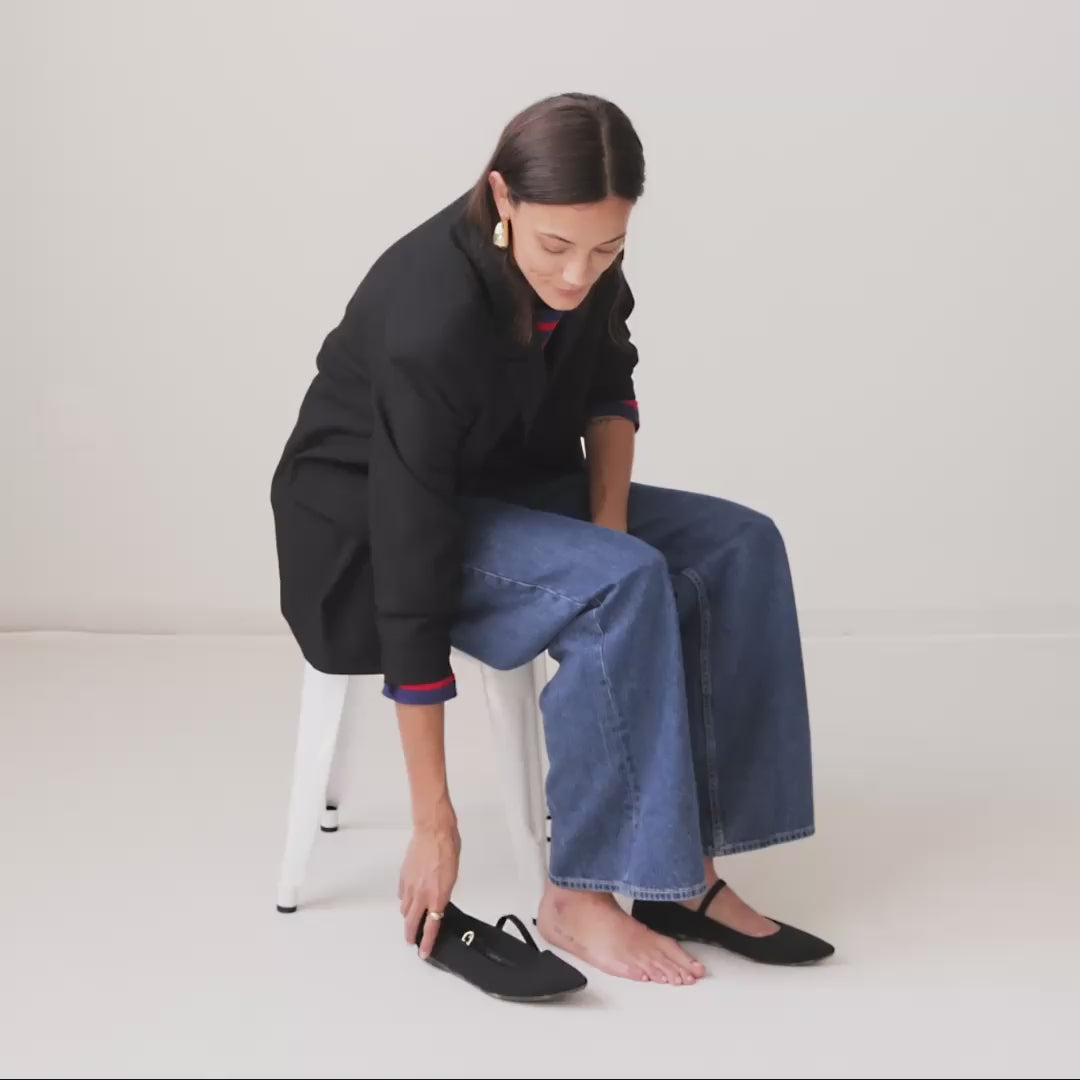 Model buckling The Point Mary Jane II in Black, standing up & walking around, then slipping the shoes on and off without adjusting the buckles.