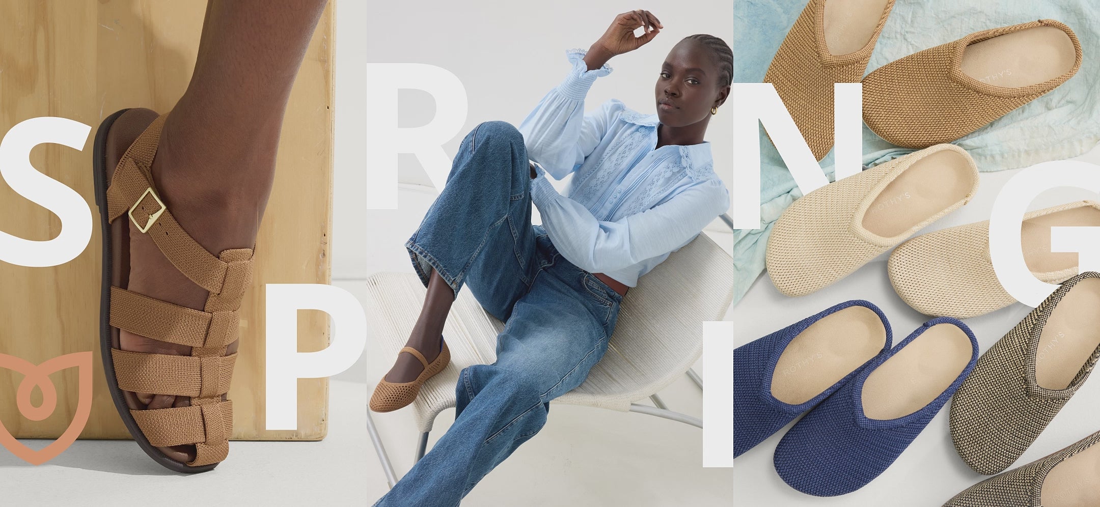 Close up of The Fisherman Sandal in Pecan, model wearing The Square Mary Jane in Pecan Mesh, and collection shot of The Casual Clog in Toffee Raffia-Knit, Blue Raffia-Knit, Pelican Raffia-Knit, Wheat Raffia-Knit, with text overlay "Spring."