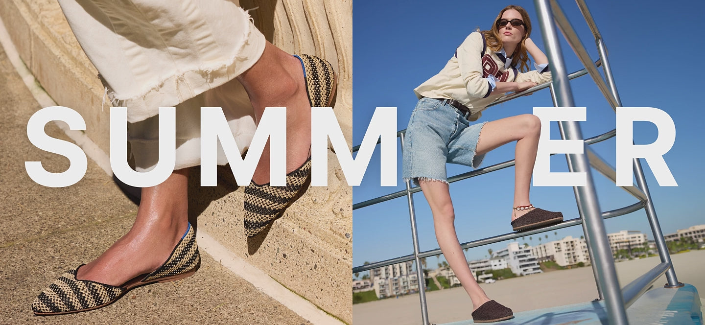 Animated collage of images of models wearing Rothy's seasonal flats, clogs, sandals and espadrilles with graphic type overlay reading "SUMMER"