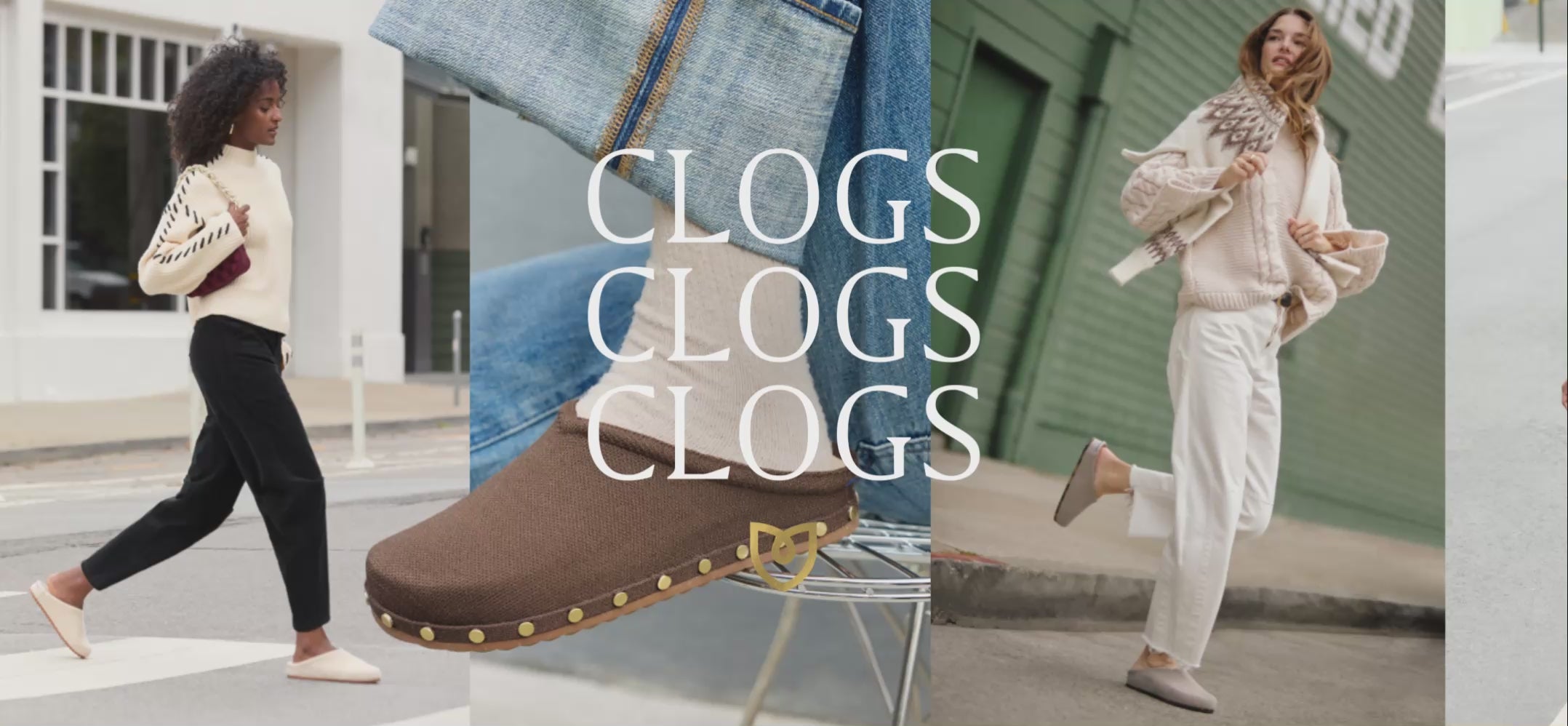Series of Model wearing The casual Clog, with a focus on The Studded Clog, text overlay ' CLOGS, CLOGS, CLOGS."