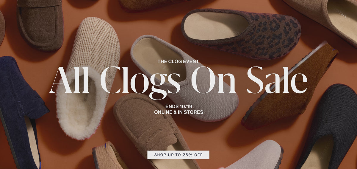 An animated collage of images showing Rothy's clogs in a variety of colors, with copy overlay reading THE CLOG EVENT | All Clogs On Sale | ENDS 10/19 ONLINE & IN STORES | SHOP UP TO 25% OFF.