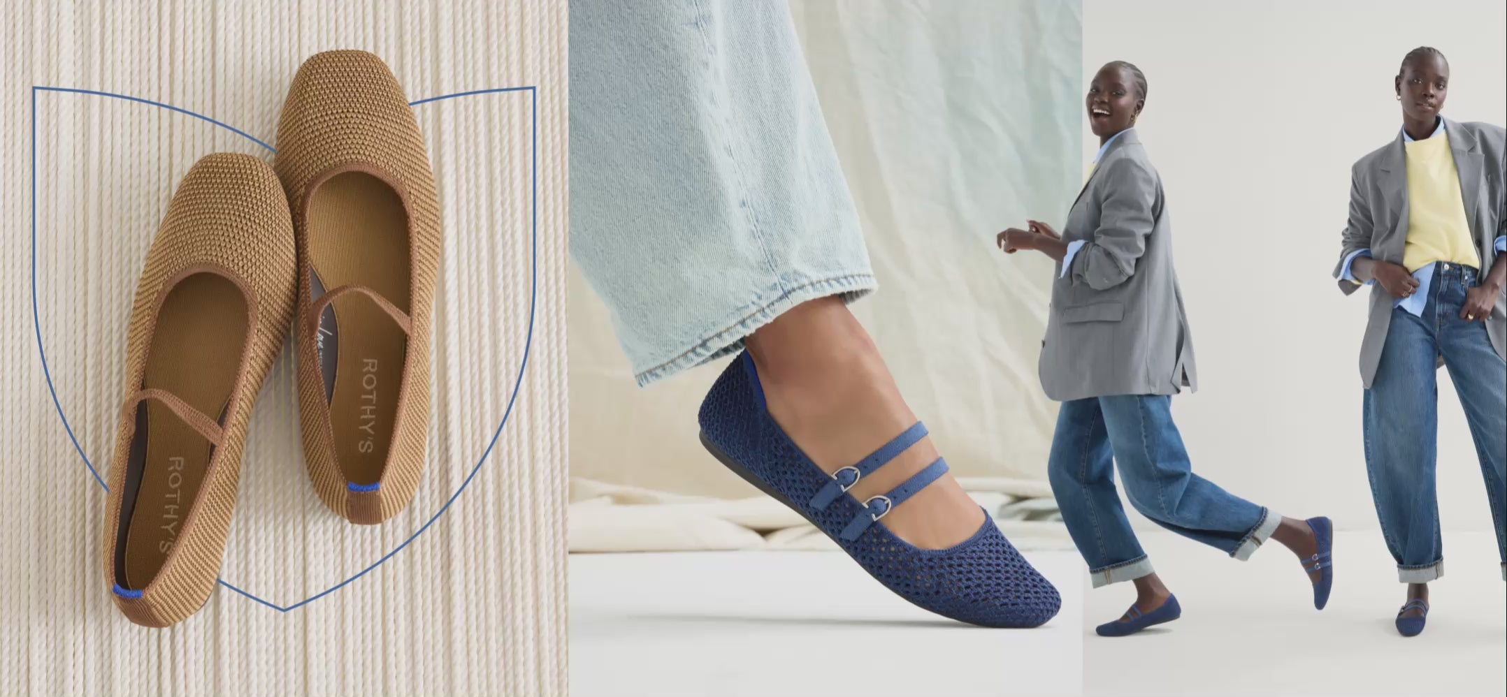 Close up shot of model wearing The Double Buckle Mary Jane in Blue Mesh.
