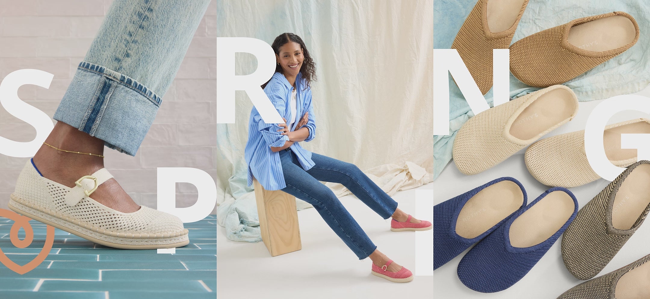 Close up of The Fisherman Sandal in Pecan, model wearing The Square Mary Jane in Pecan Mesh, and collection shot of The Casual Clog in Toffee Raffia-Knit, Blue Raffia-Knit, Pelican Raffia-Knit, Wheat Raffia-Knit, with text overlay "Spring."