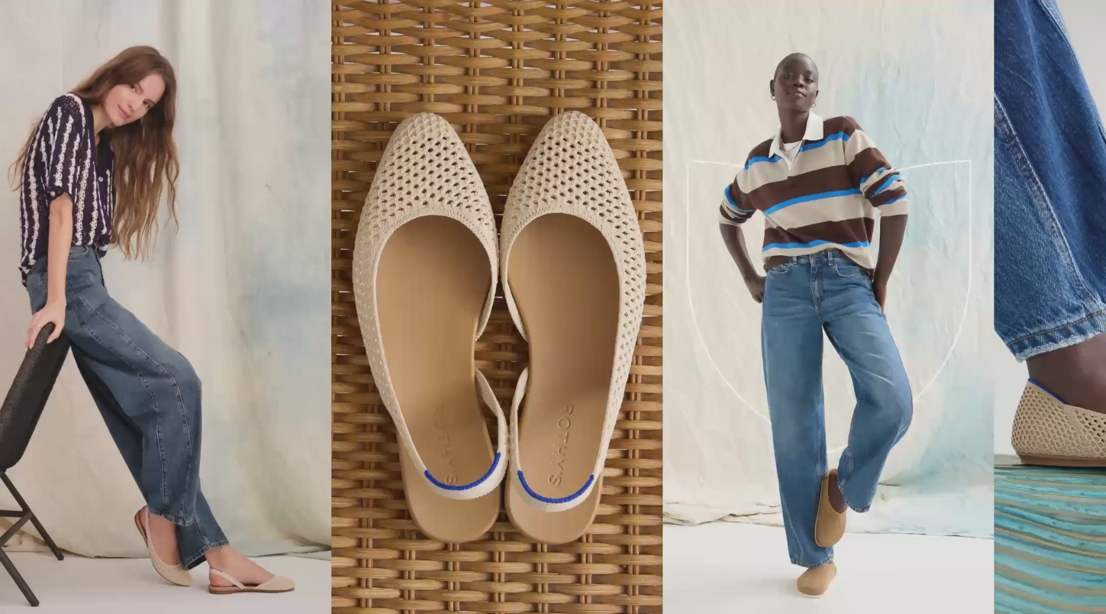 Model wearing The Almond Slingback in white mesh, next to a close up shot of the Double Buckle Mary Jane mesh, and The Casual Clog in Blue Raffia Knit.
