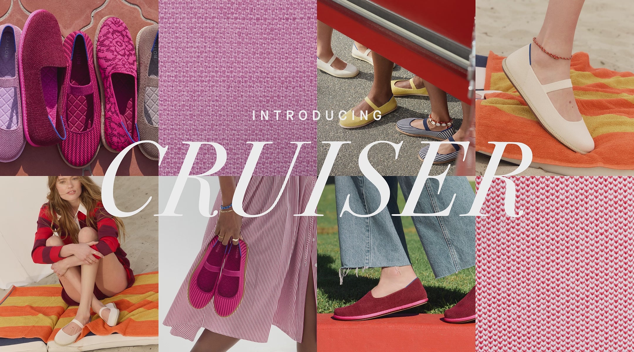 The Cruiser Loafer in Fuchsia Bloom,Raspberry Stripe, and The Cruiser Mary Jane in Sunbeam Raffia-Knit, with text overlay 'Introducing CRUISER.'