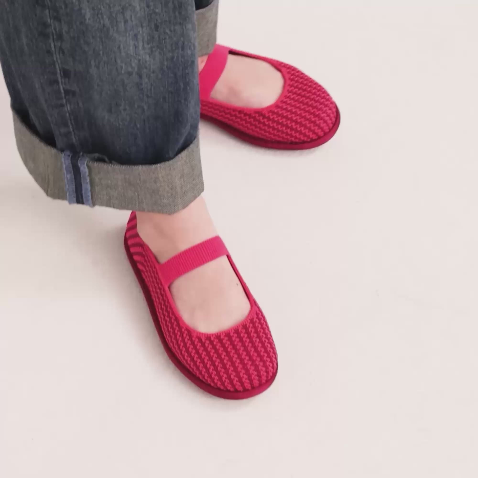 Model walking in The Mini Jane in Raspberry Stripe and showing different angles of the shoes. 