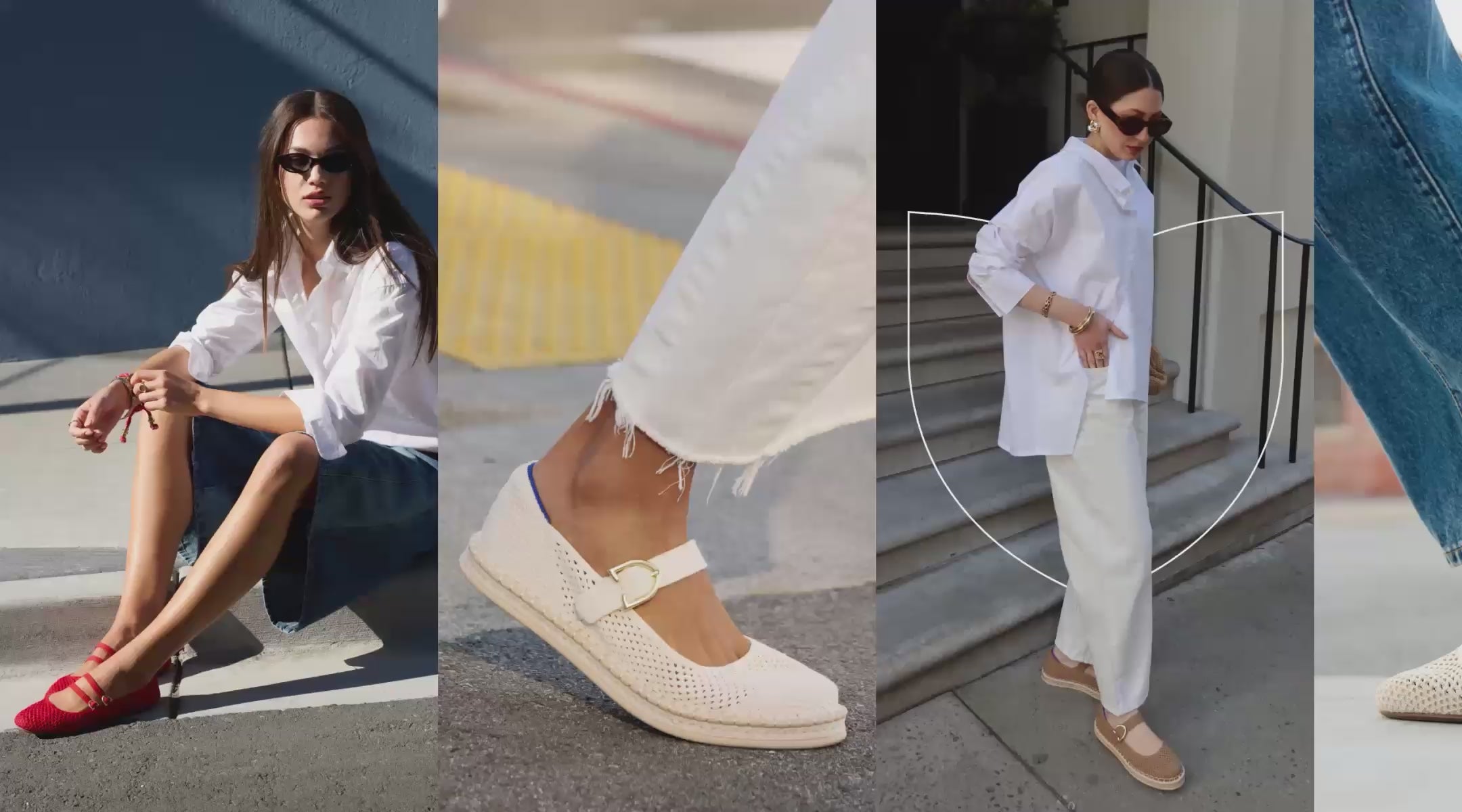 Model wearing the double buckle Mary Jane in Poppy Mesh,  next to a close up of the Espadrille Mary Jane, and The Casual Clog in Raffia Knit.