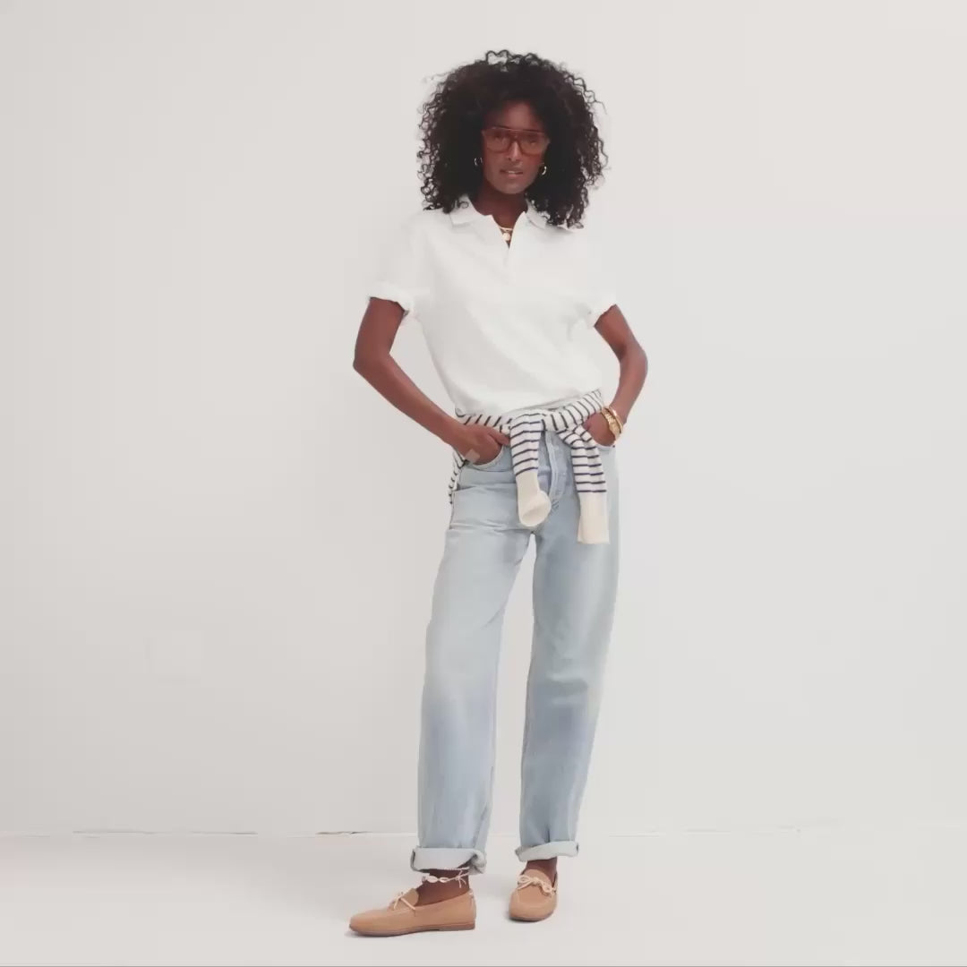 Model walking in The Boat Shoe in Driftwood and showing different angles of the shoes. 