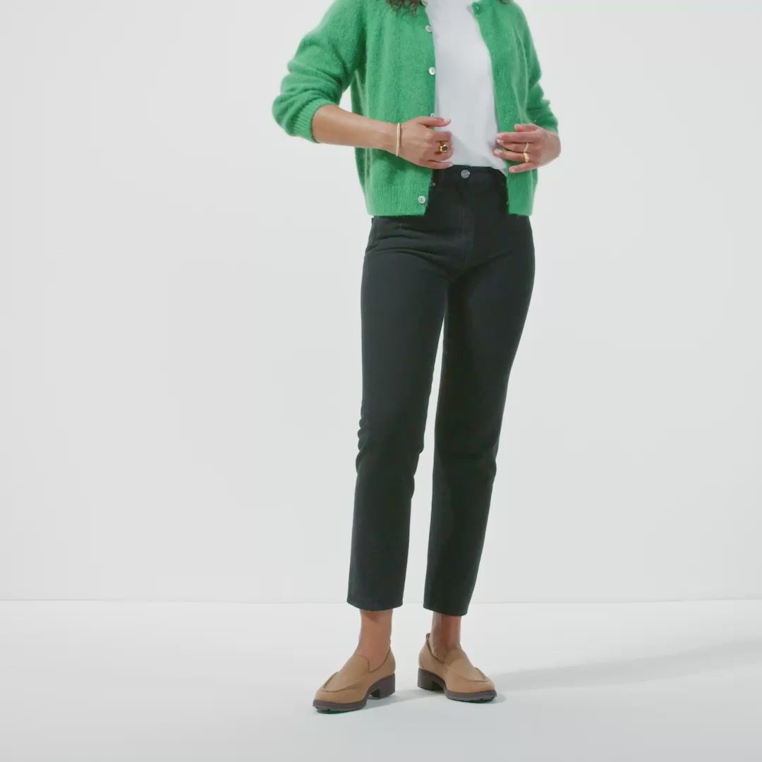 Model walking in The Lug Loafer in Teak Herringbone and showing different angles of the shoes. 