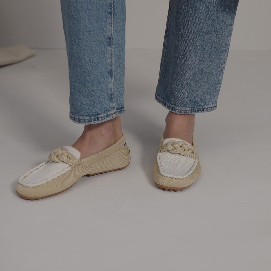 Model wearing The Braid Driver in Cappuccino and showing different angles of the shoe.